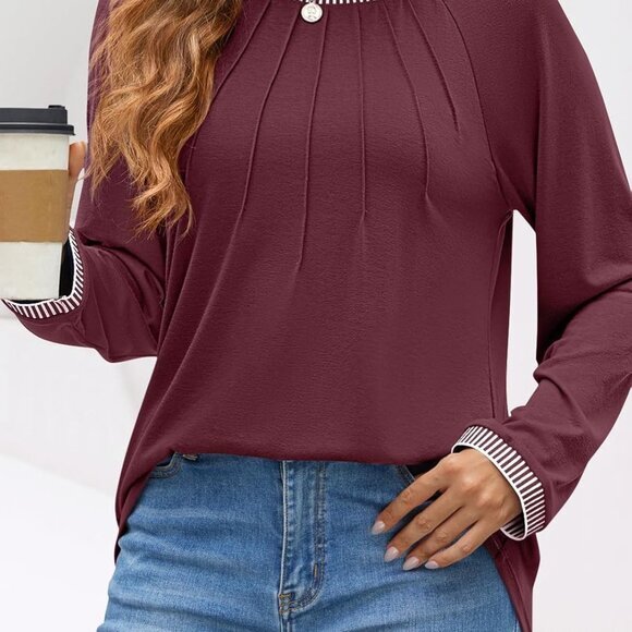 2024 Fall Women's Long Sleeve Top - Pleated, Crew‎ Neck, Color Block, Casual Fit - Picture 4 of 6